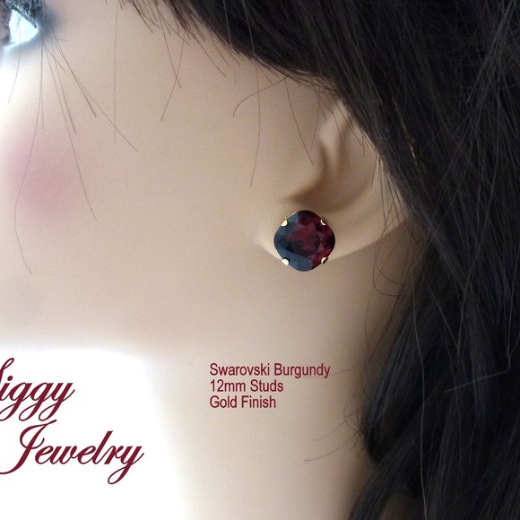 Swarovski Burgundy Cushion Cut Stud Earrings, 12mm - Picture 7 of 8